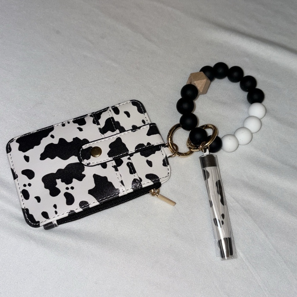 Cowhide print silicone beaded wristlet ID holder lightweight detach wallet New - Picture 3 of 5